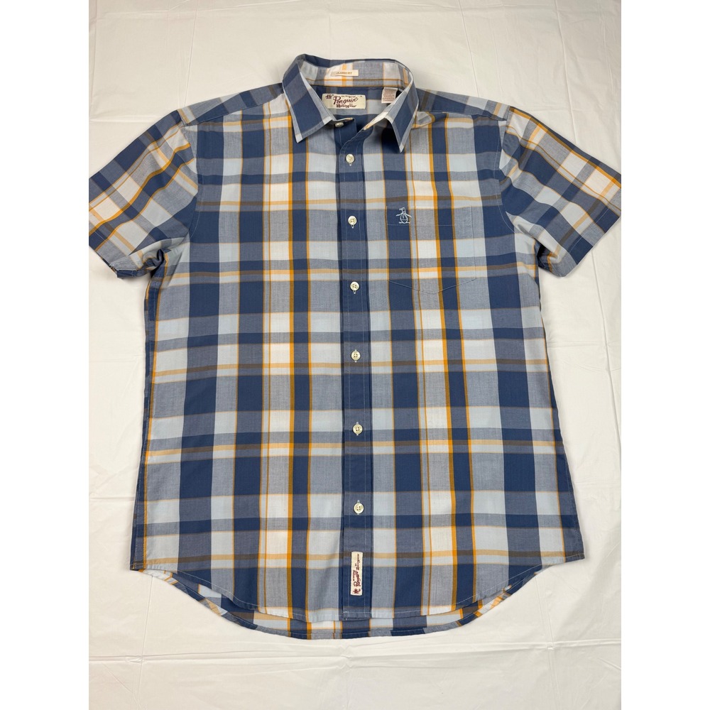 Original Penguin Shirt Mens Classic Fit Plaid S/S Button Down Blue Medium Preppy